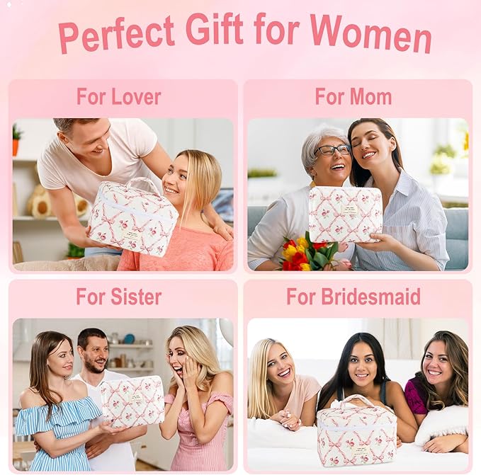 URSKYTOUS 2Pcs Cotton Quilted Makeup Bag for Women Girls Large Small Travel Floral Cosmetic Bags Set Cute Coquette Pink Makeup Pouch for Purse Aesthetic Cloth Flower Storage Toiletry Bag Organizer