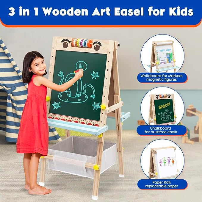 Kids Easel with Paper Roll Wooden Art Easel Height Adjustable Standing Easel with Bead Numbers Alphabet Animal Accessories Double-Sided Whiteboard & Chalkboard for Boys Girls 3 4 5 6 7 8