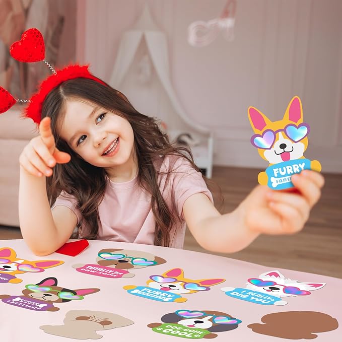 30 Sets Valentine's Day Craft Kit for Kids DIY Valentine Iridescent Cool Dog Magnet Craft Make Your Own Valentine Dog Craft for Valentine's Day Home Classroom Party Favor Game Activities