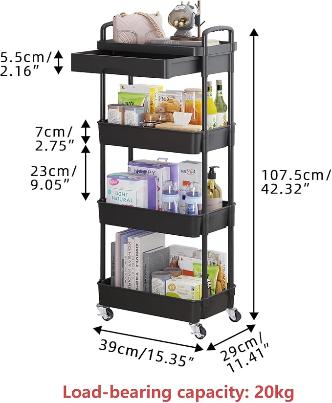 Calmootey 4-Tier Rolling Utility Cart with Drawer,Multifunctional Storage Organizer with Plastic Shelf & Metal Wheel,Storage Cart for Kitchen,Bathroom,Living Room,Office,Black