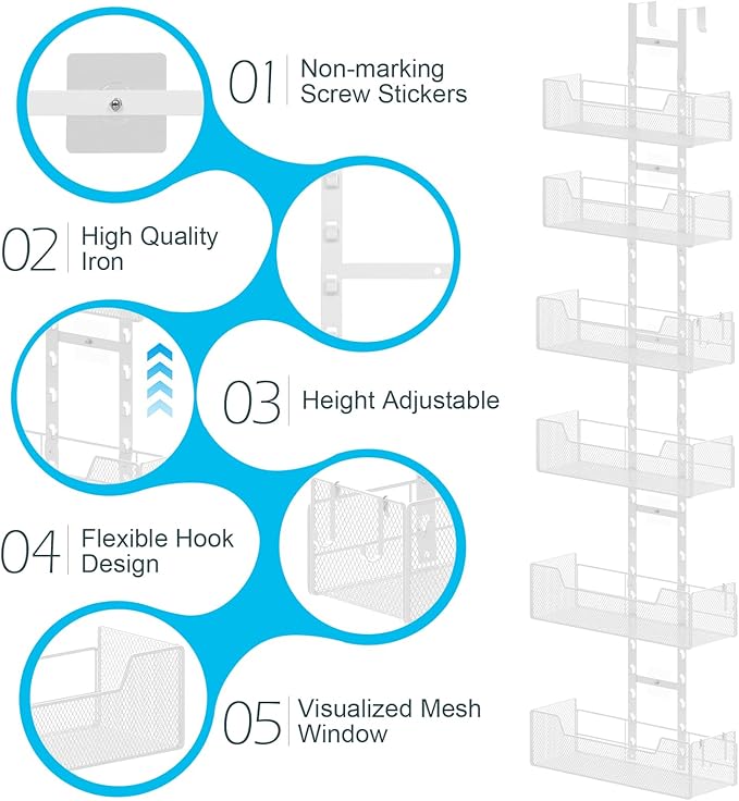 Hongtamoya Over The Door Organizer, Metal Hanging Door Organizer with 6 Adjustable Baskets and 5 Hooks, Behind The Door Storage for Closet Pantry Cabinet Kitchen Bathroom Bedroom, White