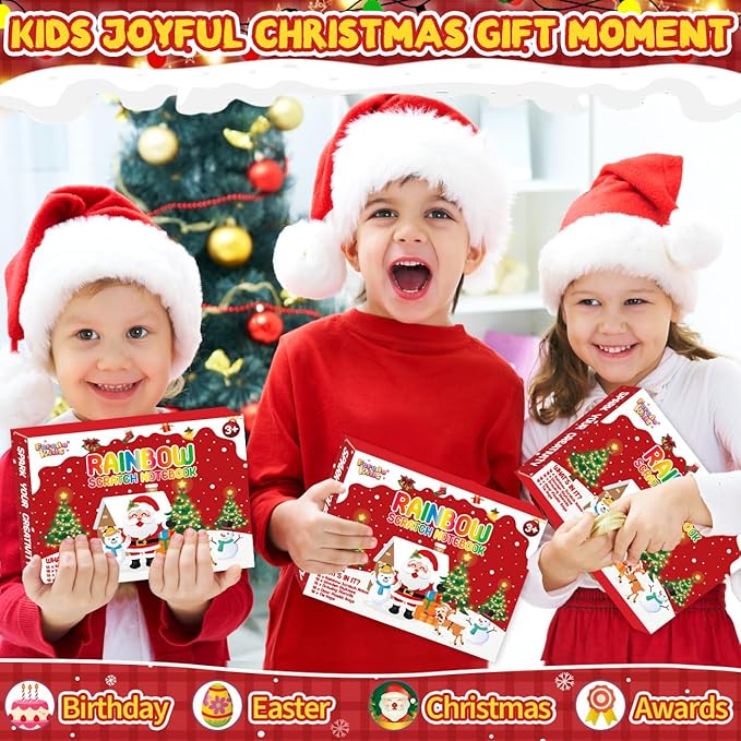 FEREDO KIDS Party Favors for Kids: 16 Pack Christmas Rainbow Scratch Art Notebook Classroom School Supplies Bulk for Girls Boys Goodie Bags Stuffers, Return Gifts for Birthday Party Gift Kid Crafts