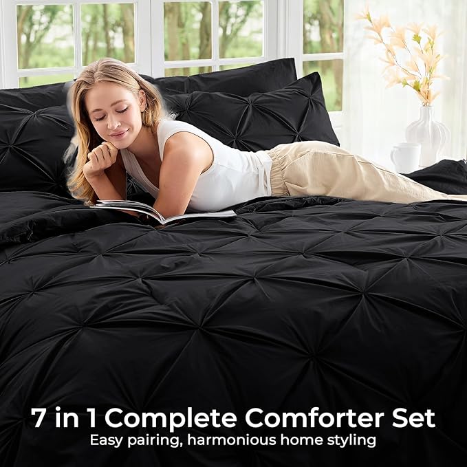 Sasttie California King Comforter Set, 7-Piece Bed in a Bag, Pintuck Bedding Sets for All Season, Includes Comforter, Flat Sheet, Fitted Sheet, Pillowcases and Pillowshams, Black