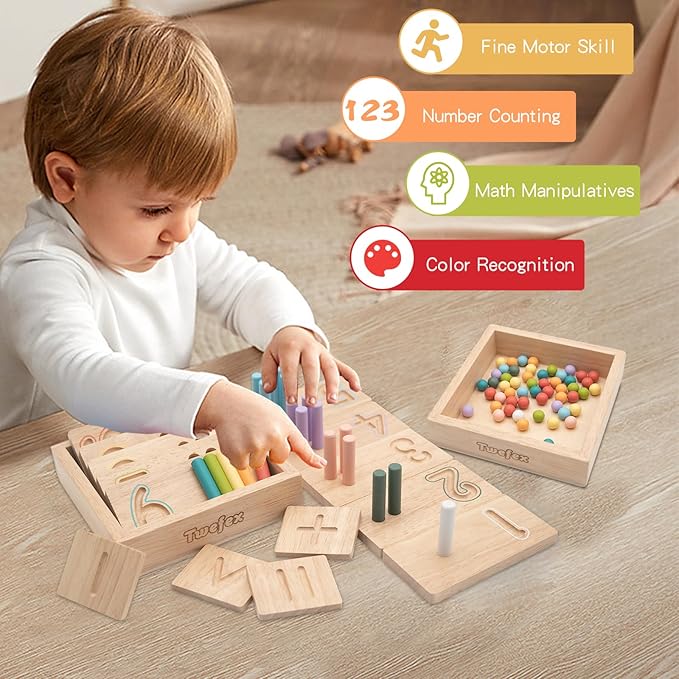 Montessori Counting Toys for Toddlers | 3 in 1 Wooden Peg Board and Montessori Counting Beads Math Toys for Kids Age 3 4 5 | Toddler Wooden Number Learning Montessori Toys