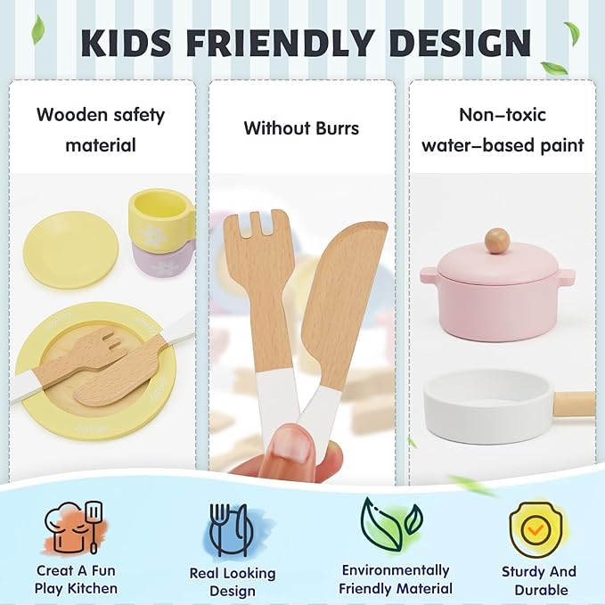 30 PCS Wooden Toy Plates and Dishes for Kids, Play Kitchen Accessories Set, Pretend Play Food Sets for Children Kitchen, Montessori Toys for Girls and Boys