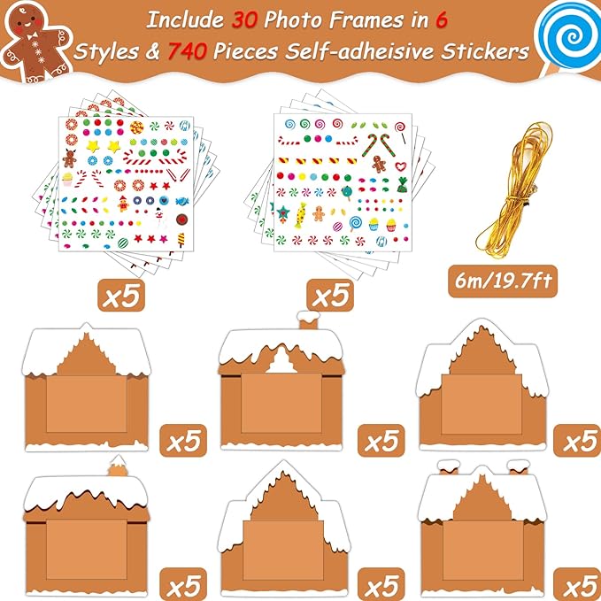 chiazllta 30 Packs Christmas Picture Frame Craft Kits for Kids, Xmas DIY Gingerbread Candy Craft Holiday Art Favor Home Class Game Activities for Kindergarten Preschool