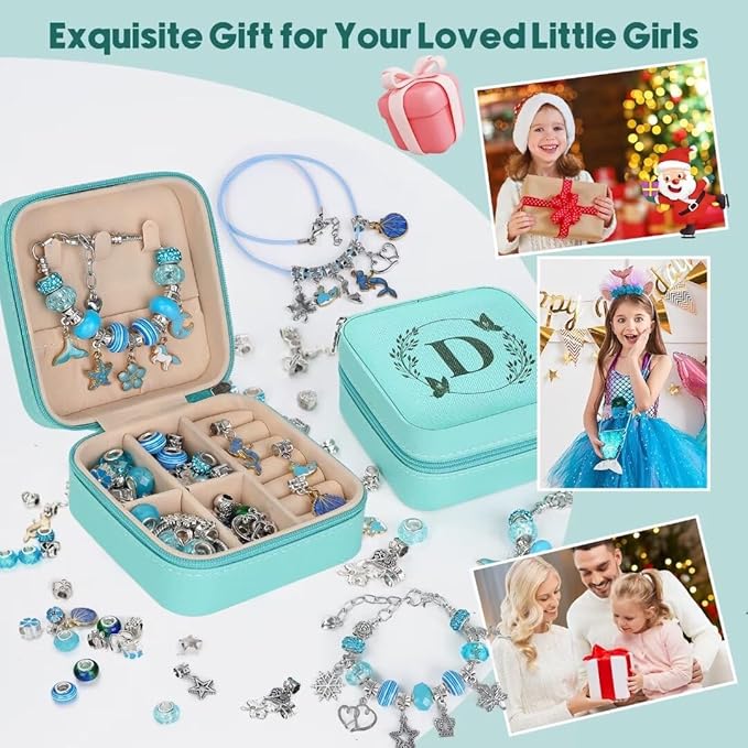 Charm Bracelet Making Kit, Kid Jewelry Making Kit for Girls 8-12, Unicorn Craft Kits for Teen Girls Toys Ages 3-10 Years Old Girl Gifts Trendy Stuff Birthday Christmas Gift with Initial Jewelry Box- D