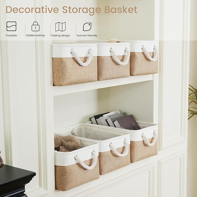 VQRTEXA Storage Baskets for Shelves 13.8x9.8x6.7 Inch, Foldable Fabric Storage Bins with Handles, Small Storage Baskets for Organizing Closet, Bathroom, Office, Home Organization (1-Pack, White&Khaki)
