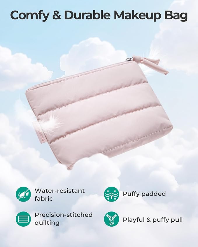 BAGSMART Small Makeup Bag, Puffy Portable Cosmetic Pouch with Charm Zipper, Water-Resistant Travel Organizer for Women (Baby Blue, Small)