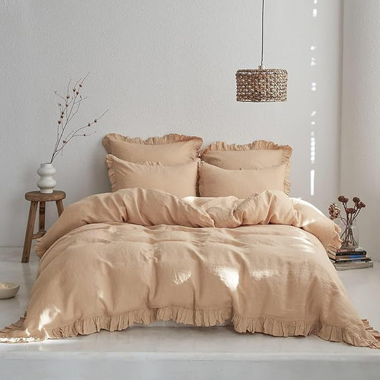 Simple&Opulence 100% Linen Duvet Cover Set, Natural French Flax Sand Ruffle Duvet Cover Twin Size, Breathable Comfy Linen Bedding Comforter Cover with 1 Pillowcase (Sand, 68" x 86")