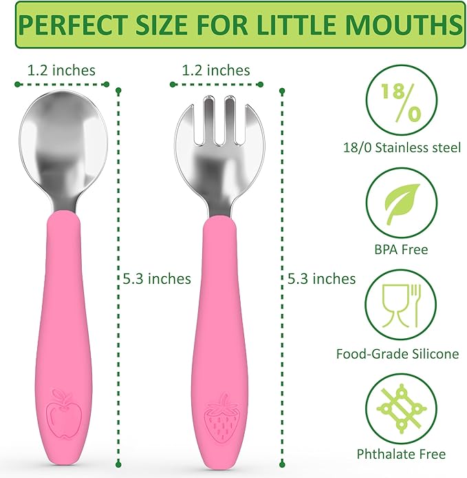 CHILLOUT LIFE Toddler Utensils, Kids Silverware with Silicone Handle, Stainless Steel Metal Toddler Forks and Spoons Safe Baby Cutlery Set for Self Feeding BPA Free Dishwasher Safe - 12 Piece