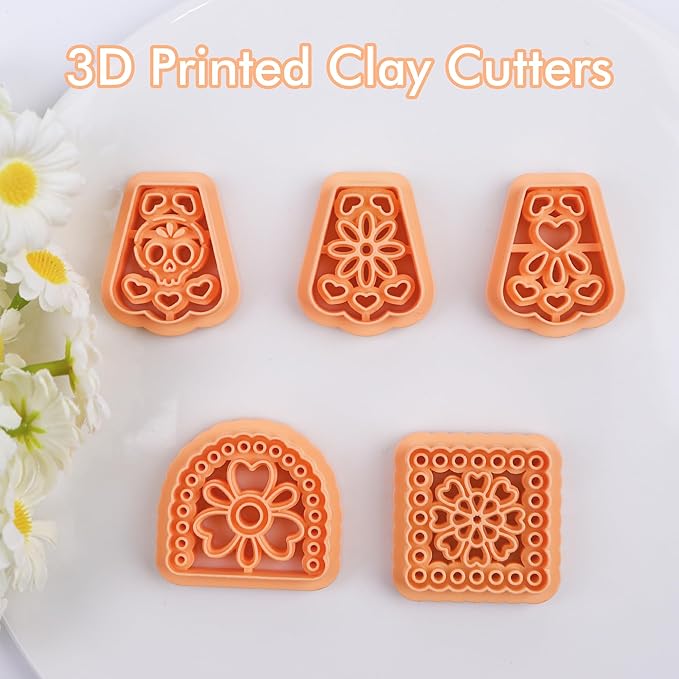 Puocaon Papel Picado Clay Cutters - 5 Pcs Mexican Tile Clay Cutters for Polymer Clay Jewelry, Day of the Dead Papel Picado Banner Polymer Clay Cutters for Earrings Making, Folk Art Clay Earring Cutter