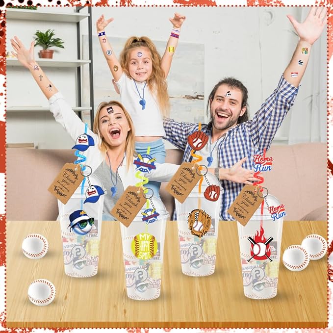 Baseball Party Favors, 172 pcs Birthday Party Supplies contains Cups, Straws, Whistles, Bracelets, Keychains, Stickers, Soft Balls, Tatoo Stickers, Thank You Tags for Sport Themed Birthday Decors