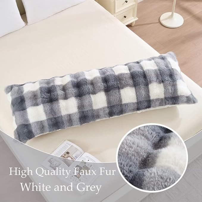 Luxury Shaggy Faux Fur Body Pillow,Fluffy Bed Pillow with Zipper Closure,Soft Decorative Plush Full Long Pillows,Fuzzy Hug Pillow for Living Room Side Sleeper & Pregnancy 20"x54" White and Grey