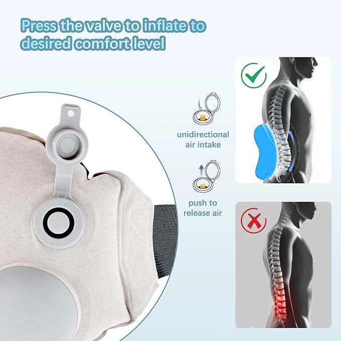 Inflatable Lumbar Pillow for Airplane Travel Lumbar Support Pillow for Office Chair/Car Seat Dual-Zone Adjustable Back Support for Reducing Lower Back Pain