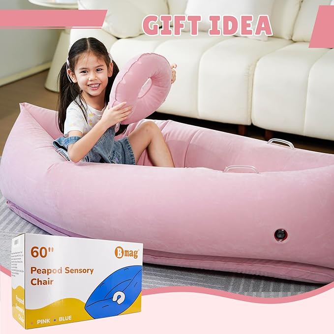 Bmag Sensory Chair for Kids, Inflatable Peapod Canoe with Neck Pillow, 60" Sensory Pod Seating ADHD Toy Gift for Autistic Children, Includes Electric Air Pump, Pink