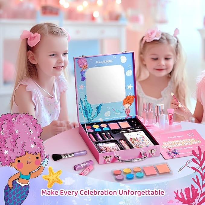 Kids Makeup Sets for Girls - Washable Real Cosmetics Set with Jewelry-Making for Children, Ocean Princess Dress-Up Makeup Bracelet Kits, Ideal Winter Birthday Gift for 4-12 Year Olds (Blue)