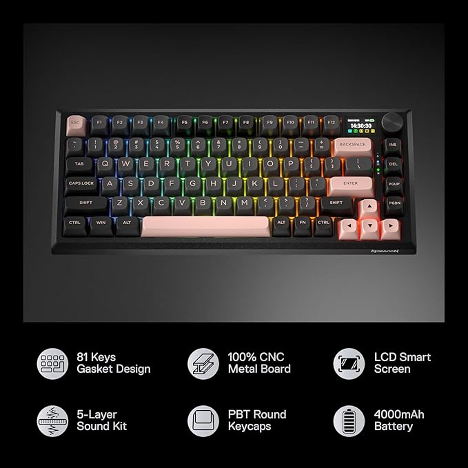 Redragon K720 Wireless CNC Gasket Gaming Keyboard w/Hype Screen & Knob, 81 Keys Mechanical Keyboard, Smart 1.14’’ TFT Info Display, 5-Layer Noise Dampening, Custom Linear Switch, Dawn Sakura Color