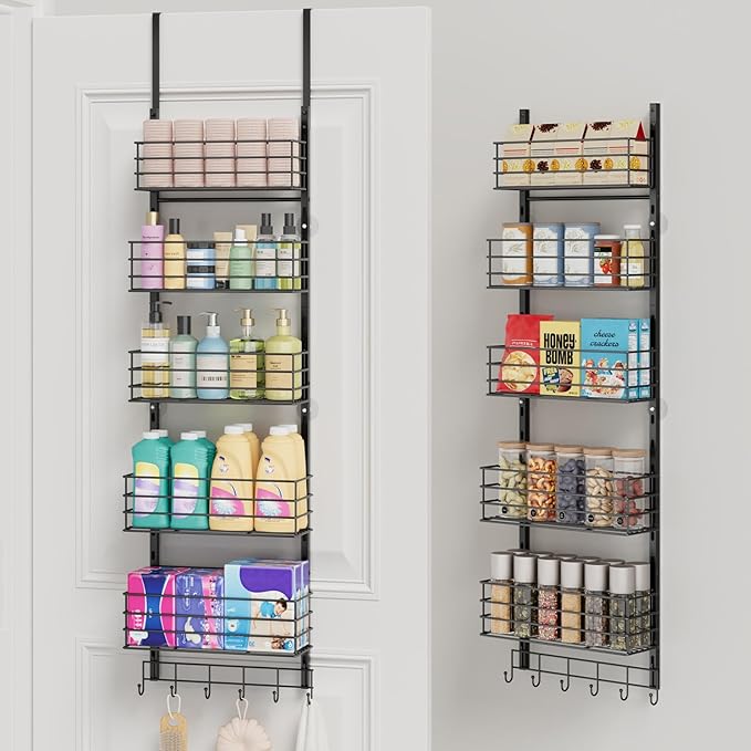 SWTYMIKI Over The Door Organizer - Door Organizer Hanging with 5 Adjustable Metal Large Capacity Basket and 6 Coat Hook, Wall Mounted Shelf for Bedroom Closet Bathroom Laundry Pantry Cabinet Kitchen
