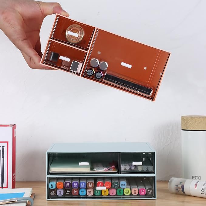 Desk Craft Organizer and Storage with 4 Mixed Drawers, Stackable Plastic Desktop Accessories & Workspace Organizer for Office Stationary, Makeup Skincare, Sanitation Supplies, Blue