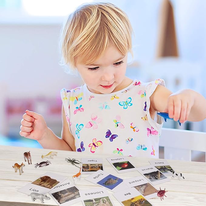 Yikko Montessori Animal Match Cards 48pcs - Insects and Animals Figurines and Cards, Montessori Materials Preschool Infant Toddlers Sorting Toys, Gift for 3 Years + Kids