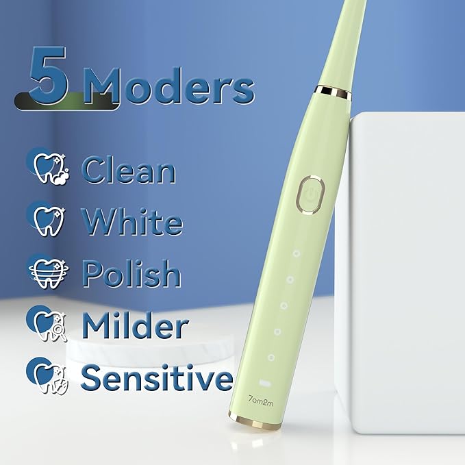 7AM2M Sonic Electric Toothbrush for Adults and Kids- High Power Rechargeable Toothbrushes with 8 Brush Heads,5 Adjustable Modes, Built-in 2-Minute Smart Timer,4 Hours Fast Charge for 30 DaysGreen