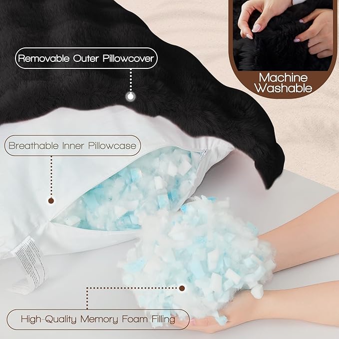 YZ HOME Faux Fur Fluffy Body Pillow for Adults - Firm Body Pillow Insert with Shredded Blue Memory Foam, Adjustable Height, Soft Support for Side Sleeping, Pregnant Women, Washable, 20x54 Inch (Black)
