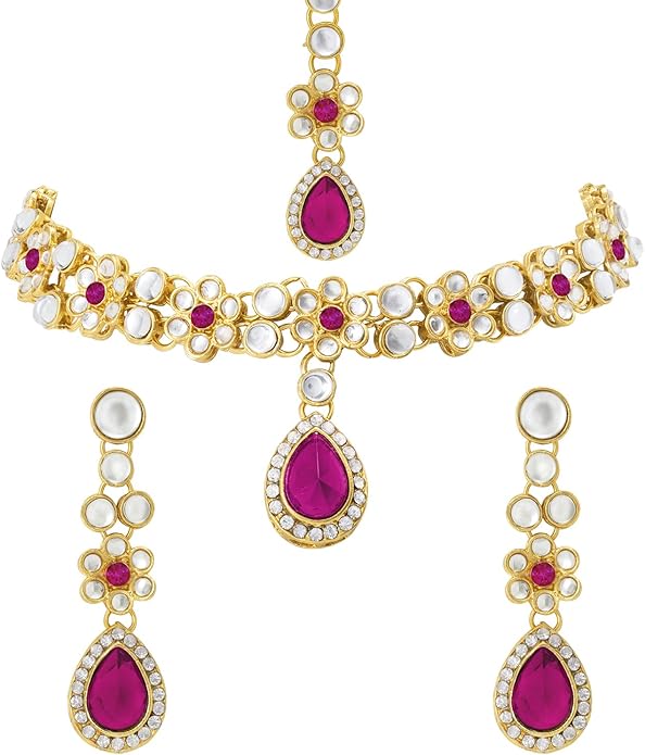 Aheli Traditional Gold Plated Kundan Beads Studded Choker Necklace Dangle Earrings & Maangtikka Set Ethnic Fashion Jewellery Gift for Women