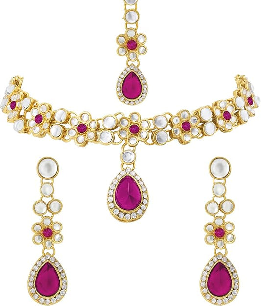 Aheli Traditional Gold Plated Kundan Beads Studded Choker Necklace Dangle Earrings & Maangtikka Set Ethnic Fashion Jewellery Gift for Women