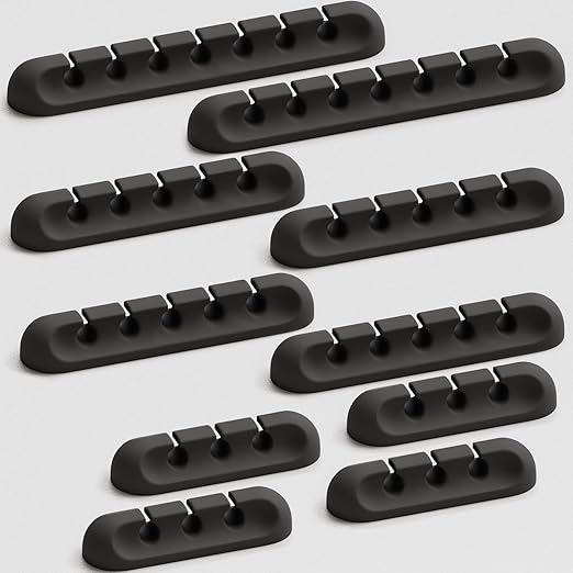 USB Cable Organizer Clips Cord Holder,10 Packs (3-5-7-Slots) Black Self Adhesive Desk Cord Cable Management