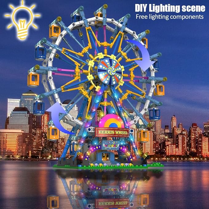 Rotating Ferris Wheel Building Blocks Kit with Lights Amusement Park Building Construction Toys Set for 6+ Year Boys Girls Birthday Gift, for Children 813pcs