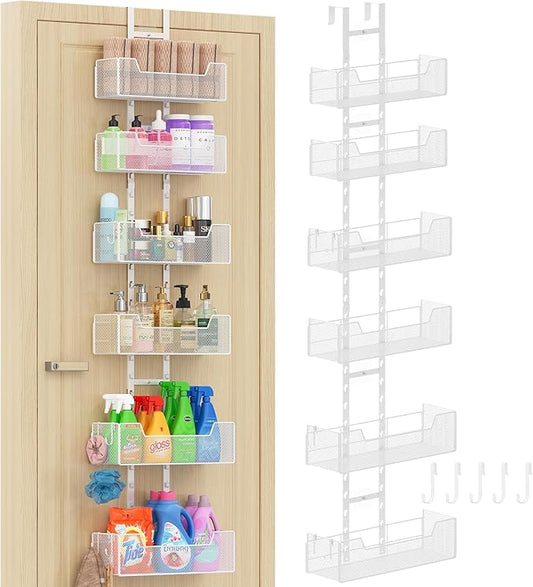 Hongtamoya Over The Door Organizer, Metal Hanging Door Organizer with 6 Adjustable Baskets and 5 Hooks, Behind The Door Storage for Closet Pantry Cabinet Kitchen Bathroom Bedroom, White