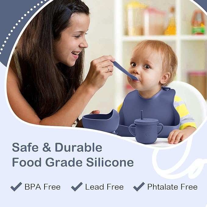Complete Silicone Baby Feeding Set - 6+ Months Food Grade Baby Feeding Essentials | Silicone Bibs, Baby Bowls and Plates, 3 in 1 Baby Sippy Cup, Spoons and Fork Set | Free of BPA/PVC/Lead/Phthalate