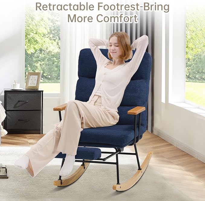 Rocking Chair with Footrest-Glider Rocker Chair with Retractable Footrest and Adjustable Backrest, Teddy Upholstered Rocking Chair Set of 2, Accent Chair for Living Room/Nursery/Bedroom/Outdoor-Blue