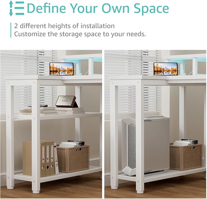 Lufeiya L Shaped Desk with Led Lights and Power Outlets, 47 Inch Writing Study Computer Gaming Desks with Fabric Drawers for Bedroom, Home Office Corner Desk with Monitor Stand Shelves, White