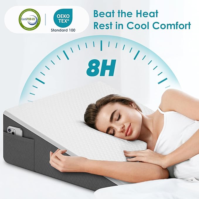 Wedge Pillow, 8 inch Bed Wedge Pillow for Sleeping & Resting, Cooling Memory Foam Incline Pillow for Adults Seniors, Back Support and Leg Elevation, Ideal for Couch, Bedroom & Living Room