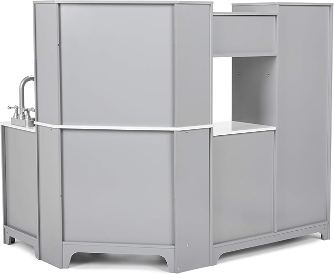 Amazon Basics Kids Corner Wooden Kitchen Toy Playset with Stove, Oven, Sink, Fridge and Accessories, for Toddlers, Preschoolers, Children Age 3+ Years, White & Gray, 39.37"L x 28.35"W x 35.04"H