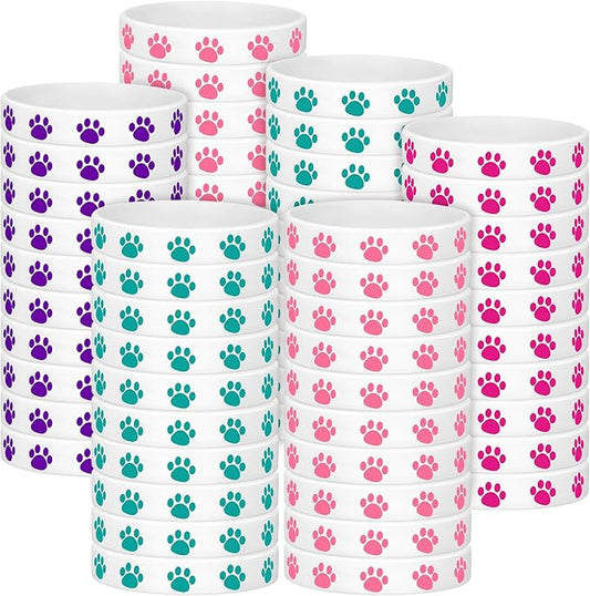 Funtery 100 Pcs Paw Print Rubber Bracelet Silicone Stretch Wristbands Dog Paw Silicone Bracelet Rubber Wristbands Dog Party Favors Birthday Party Supplies Decorations(Bright Color)