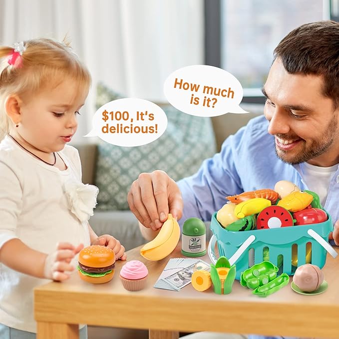 130Pcs Kitchen Playset, Toddler Pretend Cooking Play Pots, Pans, Utensils Cookware, Daily Food Fruit Veges, Shopping Storage Basket, Dessert, Prop Money, Learning Gift for Child （White）