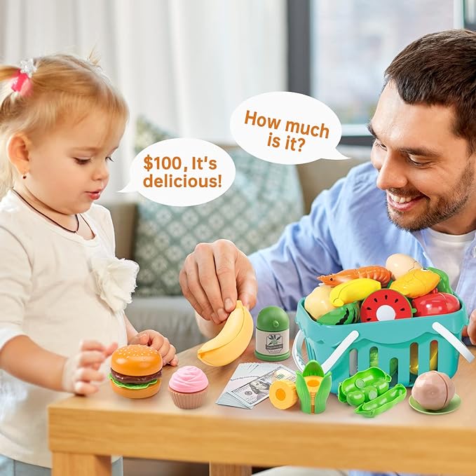 130Pcs Kitchen Playset, Toddler Pretend Cooking Play Pots, Pans, Utensils Cookware, Daily Food Fruit Veges, Shopping Storage Basket, Dessert, Prop Money, Learning Gift for Child （White）