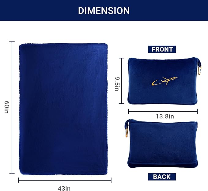 CLEXION Travel Blanket & Pillow Set, 300 GSM Soft Fleece, 60x43 Inches, 3-in-1 Airplane Blanket, Travel Pillow and Blanket Set, Travel Blanket Airplane Compact with Bag, Travel Essentials, Navy