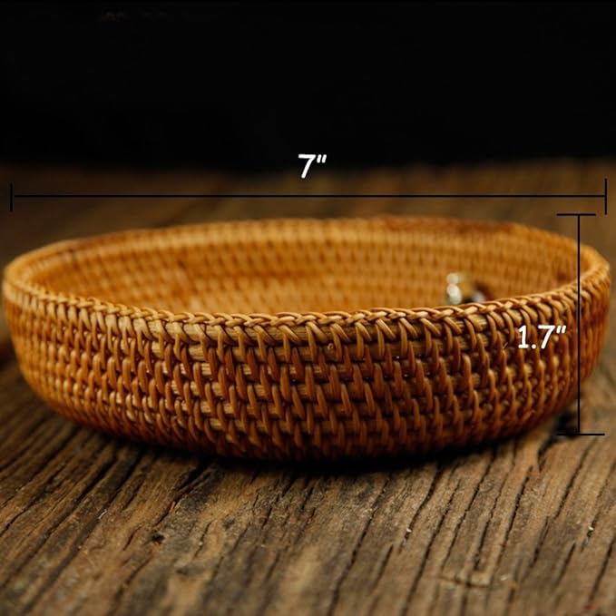 amololo Hadewoven Round Rattan Fruit Basket Wicker Food Tray Weaving Storage Holder Dinning Room Bowl, 7”Decorative Natural Basket Woven Fruit Basket Bowl for Entryway Table, Countertop (Small 7”)