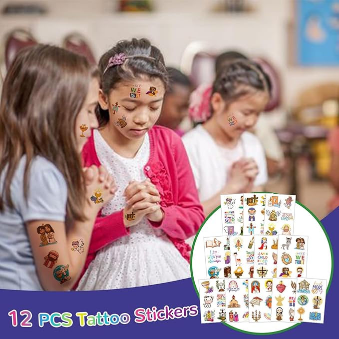 98PCS Christian Gifts Bible Religious Party Favors, Jesus Love You Religious Bracelets, Mini Religious Notebooks, Bible Stickers, Christian Button Pins and Verses Temporary Tattoos for Kids Adults