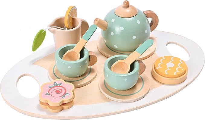 15pcs Wooden Tea Set for Little Girls, MONT PLEASANT Wooden Toys, Toddler Tea Set Play Kitchen Accessories Play Food playset for Kids Tea Party