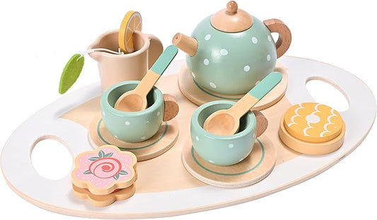 15pcs Wooden Tea Set for Little Girls, MONT PLEASANT Wooden Toys, Toddler Tea Set Play Kitchen Accessories Play Food playset for Kids Tea Party