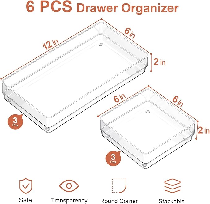 SMARTAKE 6 PCS Clear Plastic Drawer Organizers Set, Large Size Non-Slip Desk Drawer Organizer, 2-Size Versatile Bathroom and Vanity Drawer Organizer Trays for Makeup, Bedroom, Office, Kitchen Utensils