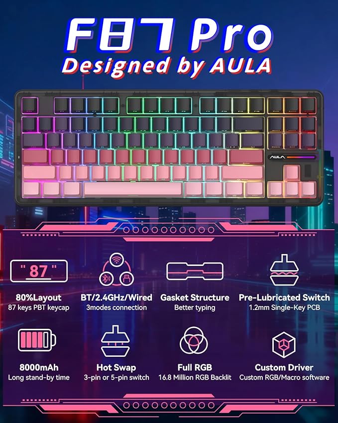 Aula F87 Pro Gaming Keyboard, Tri-Mode BT5.0/2.4GHz/USB-C Hot-Swappable RGB Wireless Mechanical Keyboard, Gasket Mount, 8000mAh, for Windows/Mac Gamer & Typists（LEOBOG Gray Wood Switch V4）