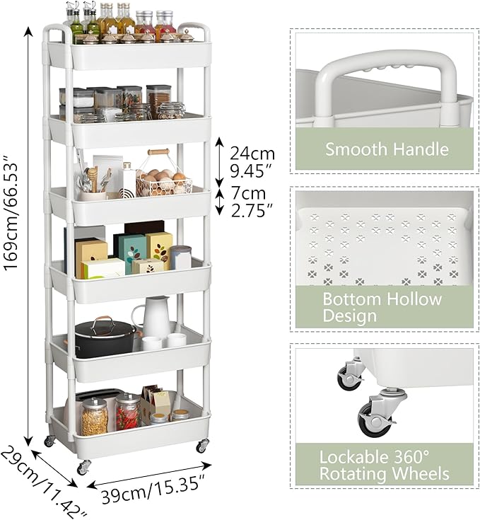 Sywhitta 6-Tier Plastic Rolling Utility Cart with Handle, Multi-Functional Storage Trolley for Office, Living Room, Kitchen, Movable Storage Organizer with Wheels, White
