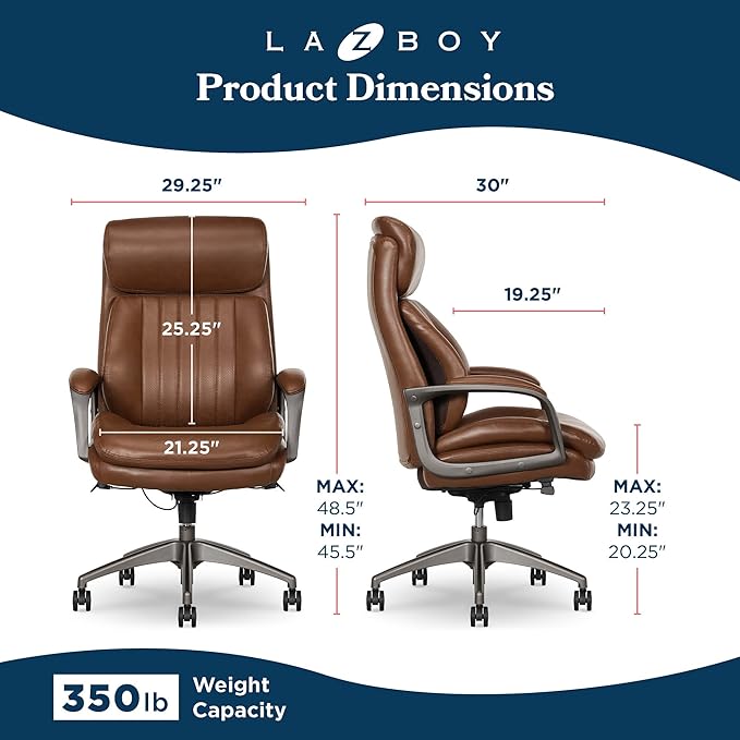 La-Z-Boy Nova Vegan Leather Modern Executive Ergonomic Design Office Chair, Memory Foam Thick Contoured Seat Back with Patented Lumbar Support Technology, Soft to Medium Sit Comfort, Cognac