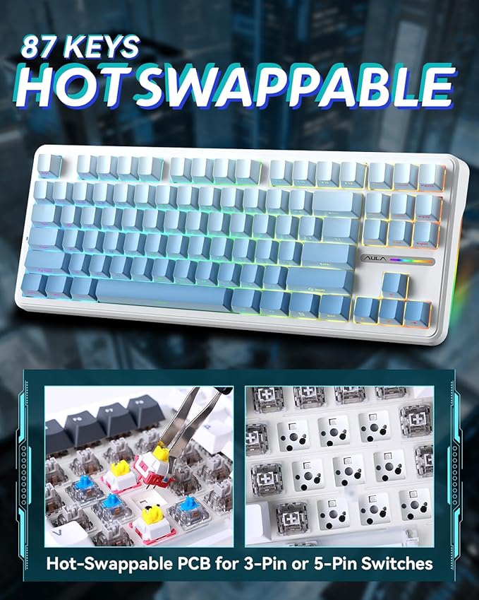 Aula F87 Pro Gaming Keyboard, Tri-Mode BT5.0/2.4GHz/USB-C Hot-Swappable RGB Wireless Mechanical Keyboard, Gasket Mount, 8000mAh, for Windows/Mac Gamer & Typists（LEOBOG Gray Wood Switch V4）